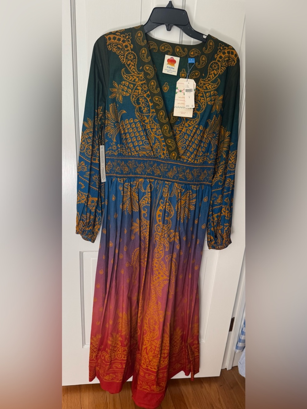 Anthropologie Long-Sleeve Paisley Maxi Dress in Green, Blue & Red